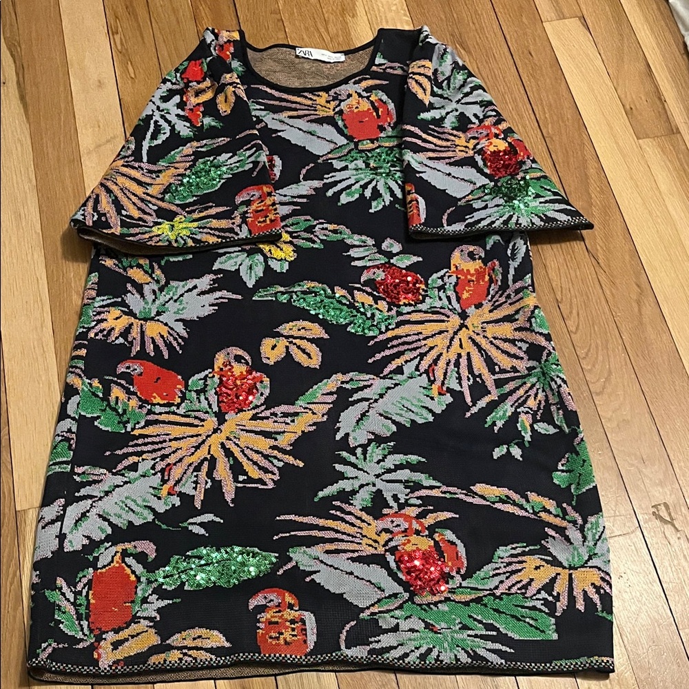 Zara Black Multicolor Tropical Sequin Dress